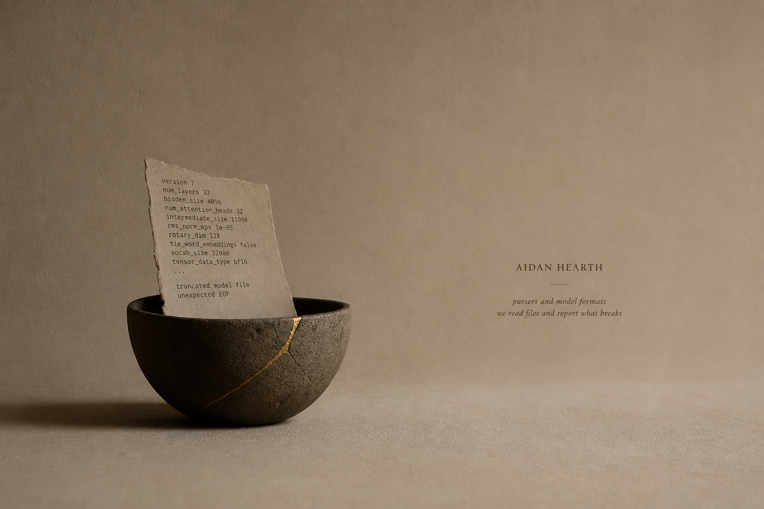 A kintsugi bowl, its crack mended in gold, holding a single sheet of parser notes.